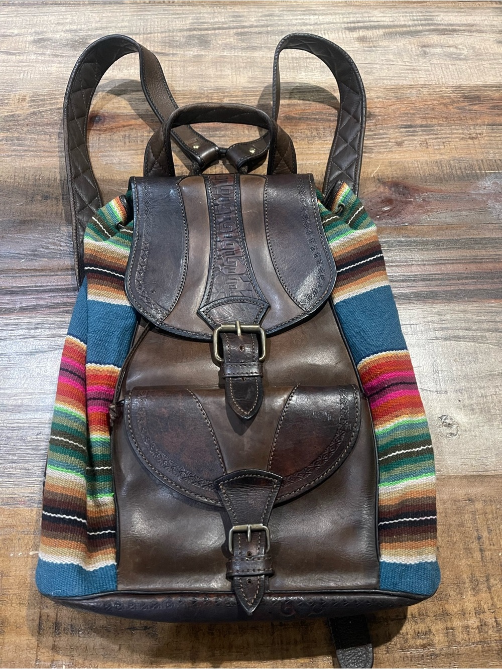 Brown Leather Backpack with Multicolor Woven Panels